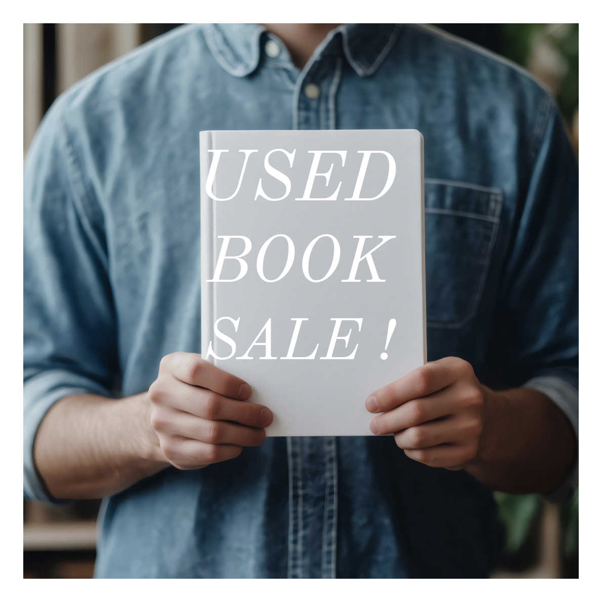 guy holding a sign that says used book sale