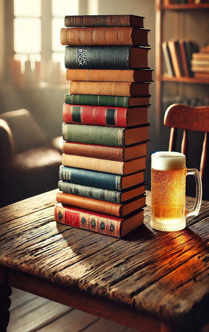A stack of books on a wooden table with a full mug of beer nearby.